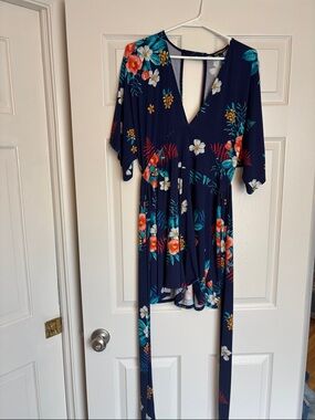 Navy Floral Shorts Jumper with Tropical Print
